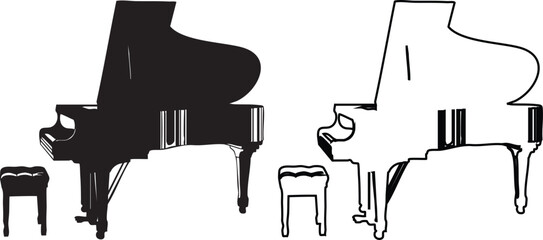 Black silhouette grand piano with empty wooden chair and music stand empty chair © MDARMAN