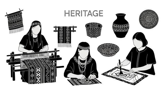 Indigenous artisans creating traditional heritage crafts and textiles illustration.