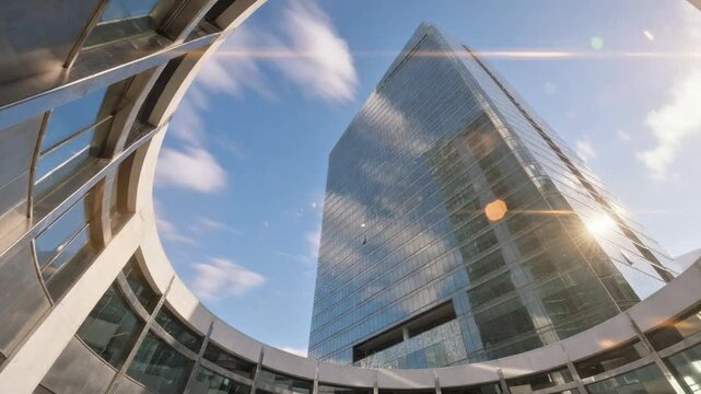 Low Angle View of a Modern Glass Skyscraper Framed by a Circular Architectural Arch with Long Exposure Clouds