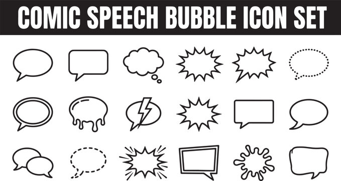Comic speech bubble icon set with various shapes for dialogue and thought expressions in vector line art