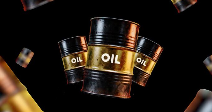 Seamless loop 3D crude oil barrels animation with alpha channel transparent background for commercial petroleum price normalization global finance video projects.