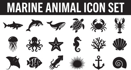 Fototapeta premium Marine animal icon set featuring sea creatures and ocean elements in a flat black silhouette vector style