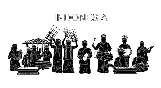 Indonesian traditional music performance silhouette illustration.