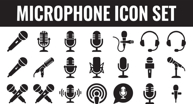 Microphone icon set featuring various audio recording equipment and broadcast devices in a flat black vector style
