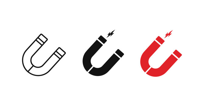 Collection of horseshoe magnet icons in black line, solid black, and red styles, illustrating magnetic force and attraction.