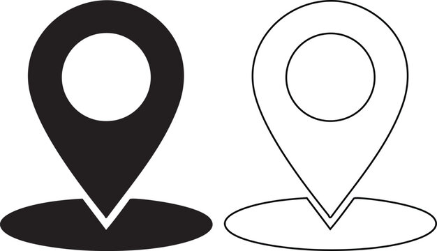 Black silhouette location pin with white center on white background black location pin map marker