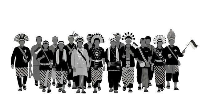 A group of Indonesian people wearing traditional cultural clothing and headdresses.
