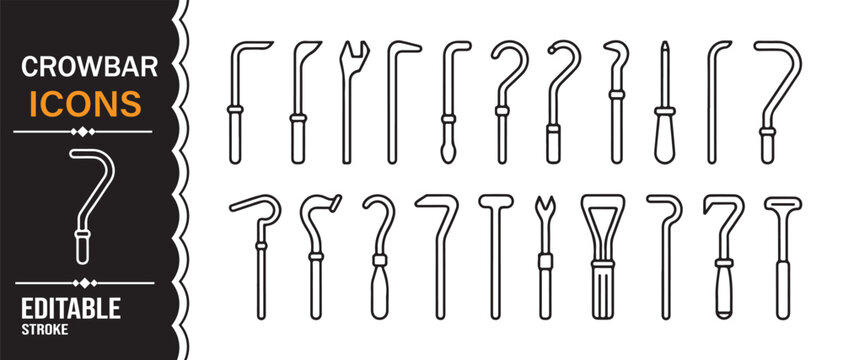 Construction and repair crowbar line icons pack with metal pry tools editable vector