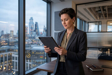 Fototapeta premium Business Executive Reviewing Cyber Risk Dashboard On Tablet