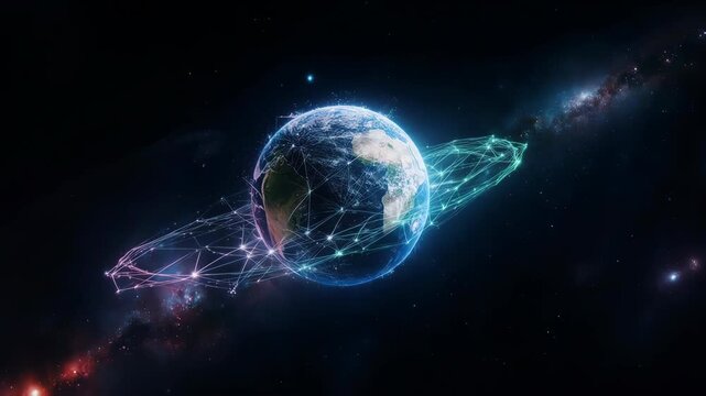 subtle globe of Earth, network lines glowing cosmic dust particles