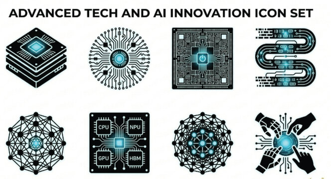 Quantum computing concept featuring futuristic processor, expanding electronic connections and motherboard-style pattern with glowing digital data pathways on blue background..eps