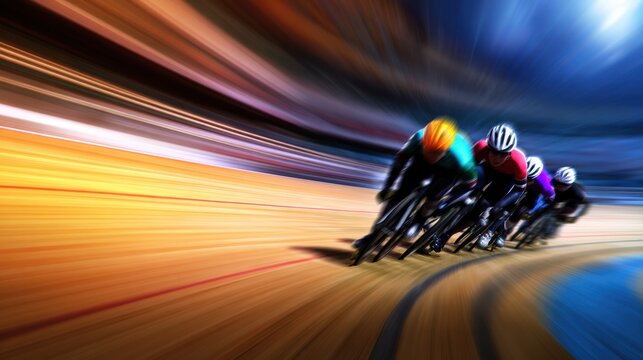 Cyclists speed around a track, captured in motion with dynamic blur highlighting their competitive energy