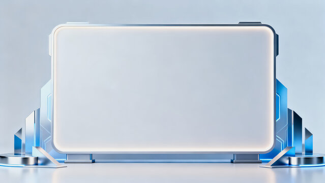 This 3D rendered futuristic tech display features a blank glowing screen mounted on a stylized metal stand, ready for product showcase or interface presentation.