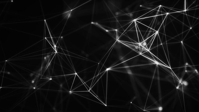 Abstract digital network of glowing nodes and connecting lines. Technological context. Network connection structure. Interweaving effect. 3D Vector illustration