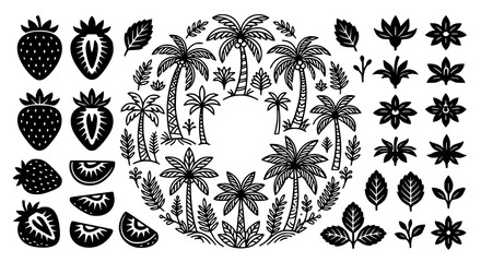 Strawberry silhouette vector set with whole and halved berry illustrations isolated on white © Jasim