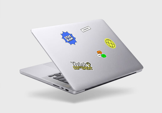 Floating Laptop Sticker Mockup PSD Template