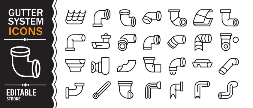 Black and white gutter drainage symbol collection with roof pipe fittings vector illustration
