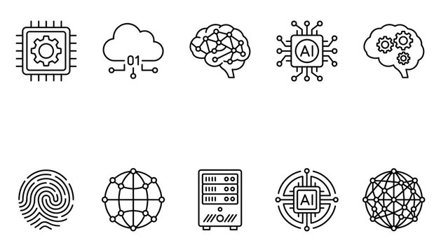 Abstract technology icons representing artificial intelligence cloud computing and data processing on a clean background