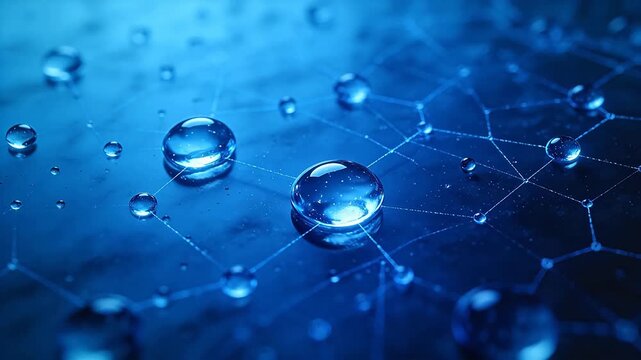 Network of water drops connected by glowing lines on a blue purple background