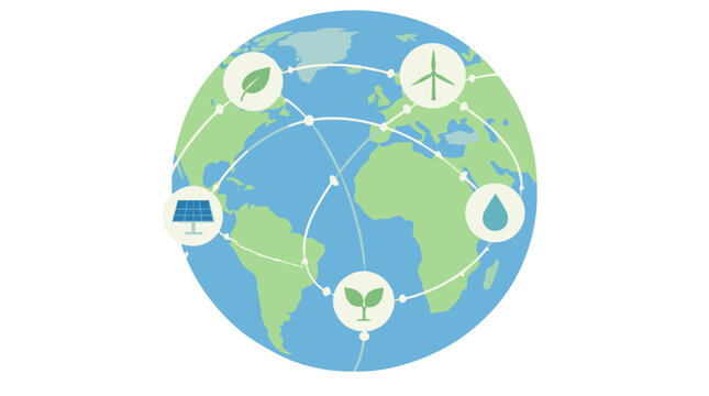 Global Earth with Renewable Energy Icons.