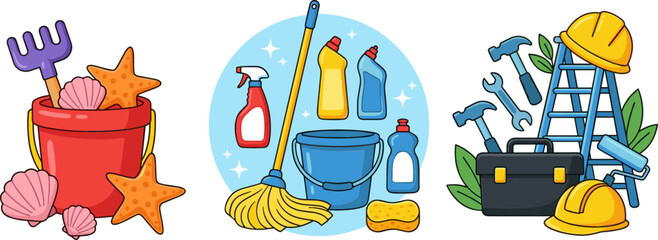 Household Maintenance and Recreation Vector Set Featuring Beach Sandbox Toys House Cleaning Supplies and Construction Tools for Diverse Service Graphic Designs © MstBobita