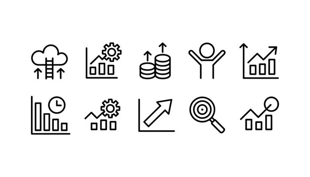 Business growth icons with upward trends and success symbols on white background