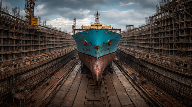 drydock. A large cargo ship on keel blocks inside a vast, empty concrete drydock. safety posters, maintenance manuals, designed for precision metalworking and fabrication facilities.