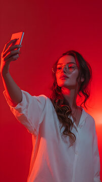 Young woman taking selfie with smartphone in red studio light, glasses, white blouse, confident expression