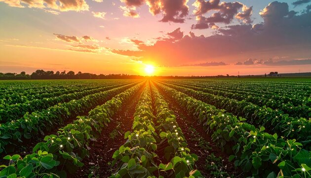 Lush green field at sunset - A vibrant agricultural landscape.