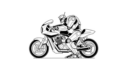 Obraz premium Robot rider on a sport motorcycle, futuristic concept art, black and white illustration