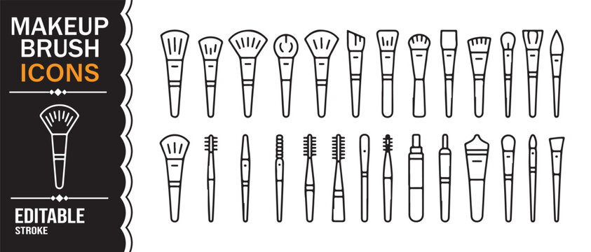 Beauty and cosmetic brush outline icon set with salon applicator editable vector resource