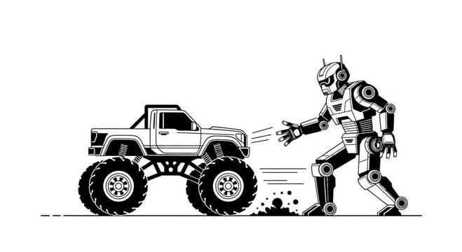 Robot chasing monster truck, futuristic vehicle, technology concept, black and white illustration