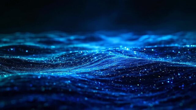 Blue and purple abstract waves with digital glitches and floating light points