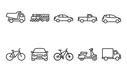 Collection of simple line icons depicting various vehicles on a white background for transportation themes © MdAtaur