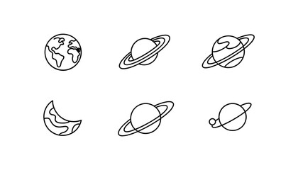 Collection of stylized planet icons in minimalist line art style for cosmic themes © MdAtaur