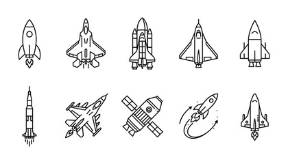 Collection of stylized spacecraft and aircraft line drawings on white background for aerospace concepts © MdAtaur
