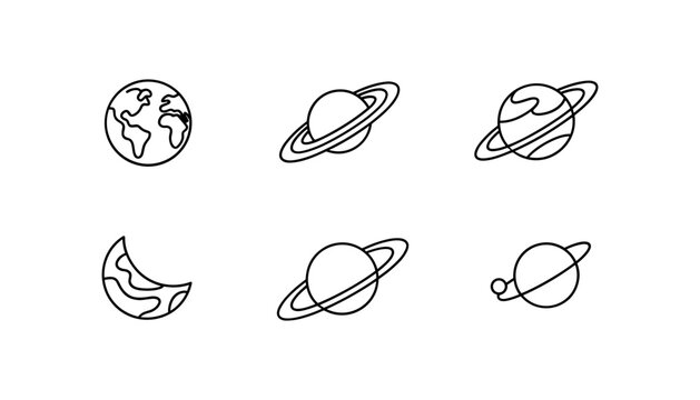 Collection of stylized planet icons in minimalist line art style for cosmic themes