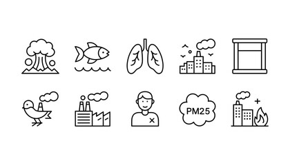 Fototapeta premium Environmental pollution icons: atom bomb fish lungs factory window bird industry person PM25 cloud fire. Clean vector