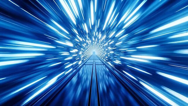 Blue futuristic tunnel with radial light streaks and deep spatial perspective