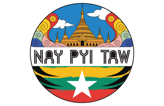 Nay Pyi Taw Pagoda Emblem With Myanmar Flag Colors and Star &mdash; Colorful Capital Landmark Illustration