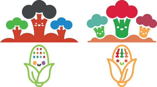 colorful cartoon vegetable garden with smiling plants and corn icons on white