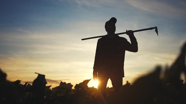 A man stands in a field during sunset, holding a tool over his shoulder. The man is silhouetted against the colorful sky as he surveys the landscape.