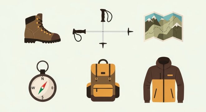 Flat Design Hiking and Trekking Equipment Icons Set with Backpack, Boot, Compass, Map, Jac