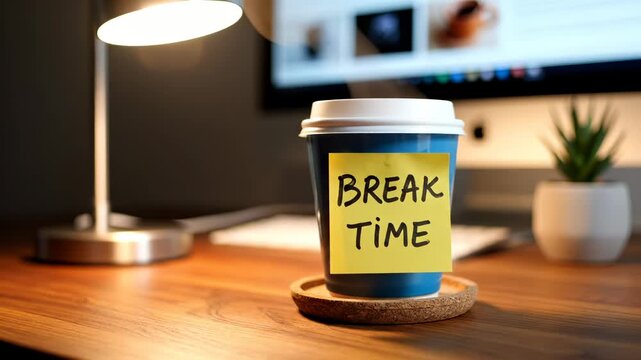 Coffee cup with break time note sits on office desk near monitor. Cup shows break message on desk. Coffee break reminder at office. Desk with coffee and break time note. Office cup reminder.