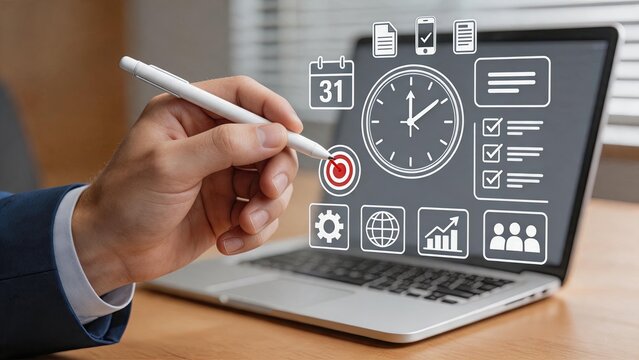 Hand using digital pen selecting calendar icon on laptop screen, time management, scheduling, productivity tools, business organization, project planning, workflow optimization,