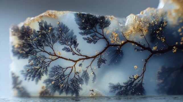 Macro view of dendritic agate with internal tree-like formations and golden inclusions