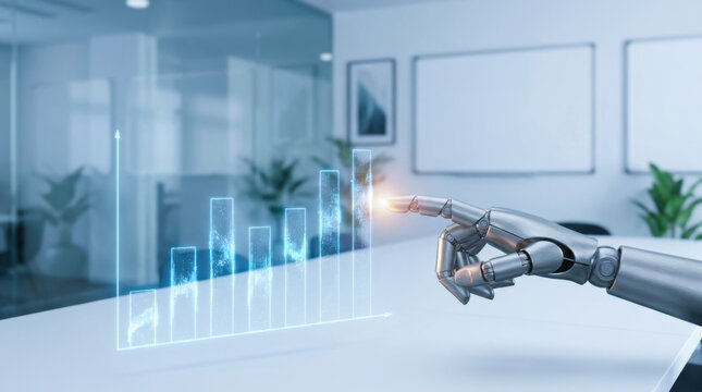 AI recruitment concept with robotic hand pointing at rising holographic bar chart in modern office environment inspiring innovation and growth