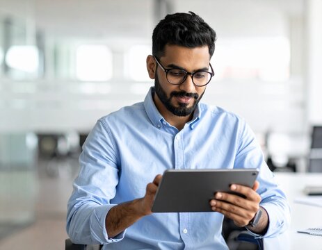 Closeup of Indian proffesional man with tablet and hands in office for productivity