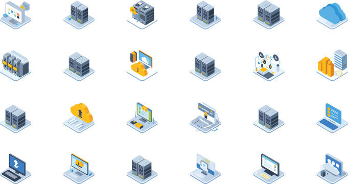 Computer server icons with colorful charts and graphs
