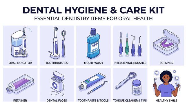 Comprehensive Oral Hygiene Equipment Collection with Water Flosser Electric Toothbrush Antiseptic Mouthwash Interdental Tool Case and Thread. Vector Medical Illustration for Dental Health Care.